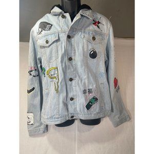 Rue21 jean Graffiti graphic embellished hooded Jacket size Large